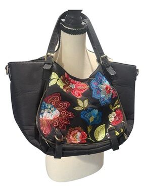 Desigual Black Shoulder Bag with Multicolor Floral Embroidery